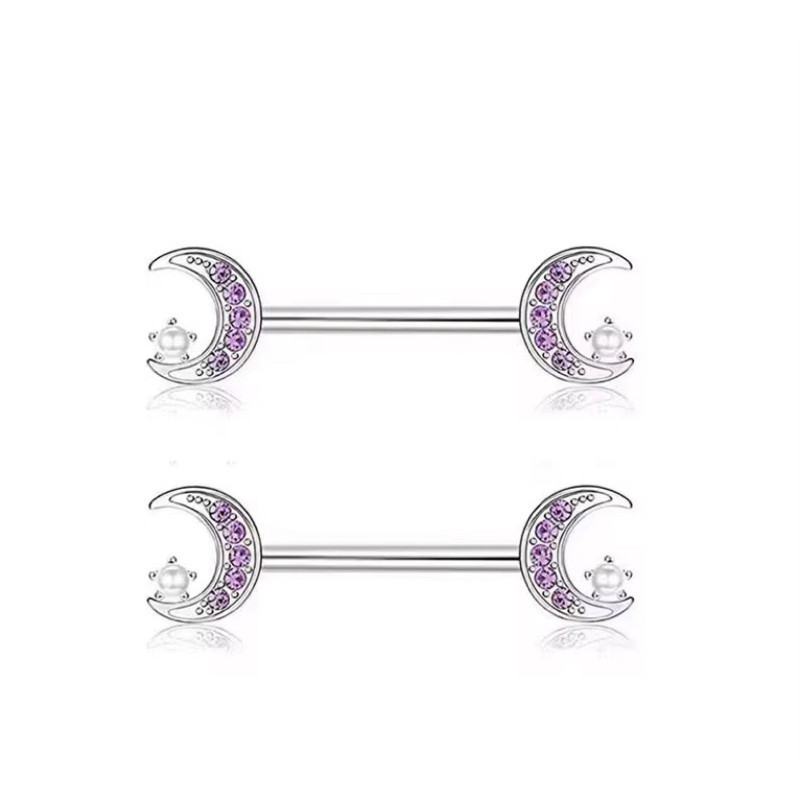 Piercing  Mamilo Aço Lua com Zircônias Roxas e Detalhe Pérola Par kit 2 Piercing