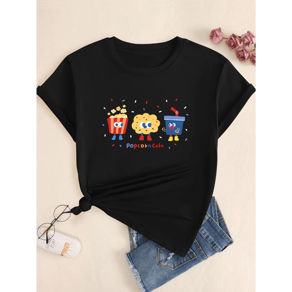 Camiseta Camisa Algodão LINDA Camiseta Camisa Básica Desenho Pipoca Refrigerante 100% Algodão Feminina Masculina T-Shirt