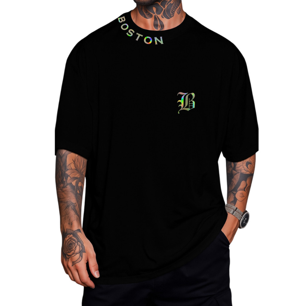 Camiseta  Oversized confortavel Camiseta Masculina Oversized 30.1 Boston Gola StreetWear Estampa 3D Holografica Conforto