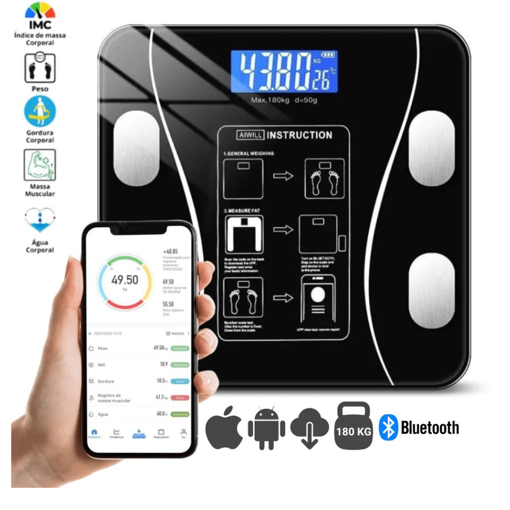 Balança bioimpedancia digital bluetooth corporal até 180kg resultado pelo celular