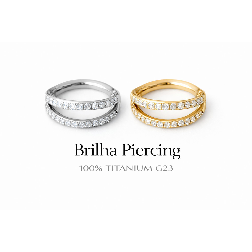 【Brilha】DOUBLE PAVÉ CLICKER — Piercing Argola Dupla Fileira Zircônias G23 Titânio – Hélix / Tragus / Cartilagem