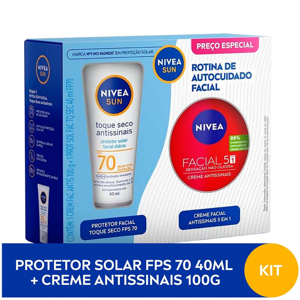 Kit Protetor Solar Nivea Sun Toque Seco Antissinais FPS 70 40ml e Creme Facial Nivea Antissinais 100g em Oferta na Shopee