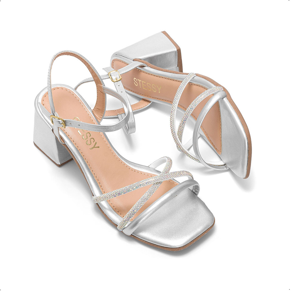 Sandália Feminina Stessy Salto Bloco Baixo Glamour Strass Brilho Elegante Festa Confortável Original
