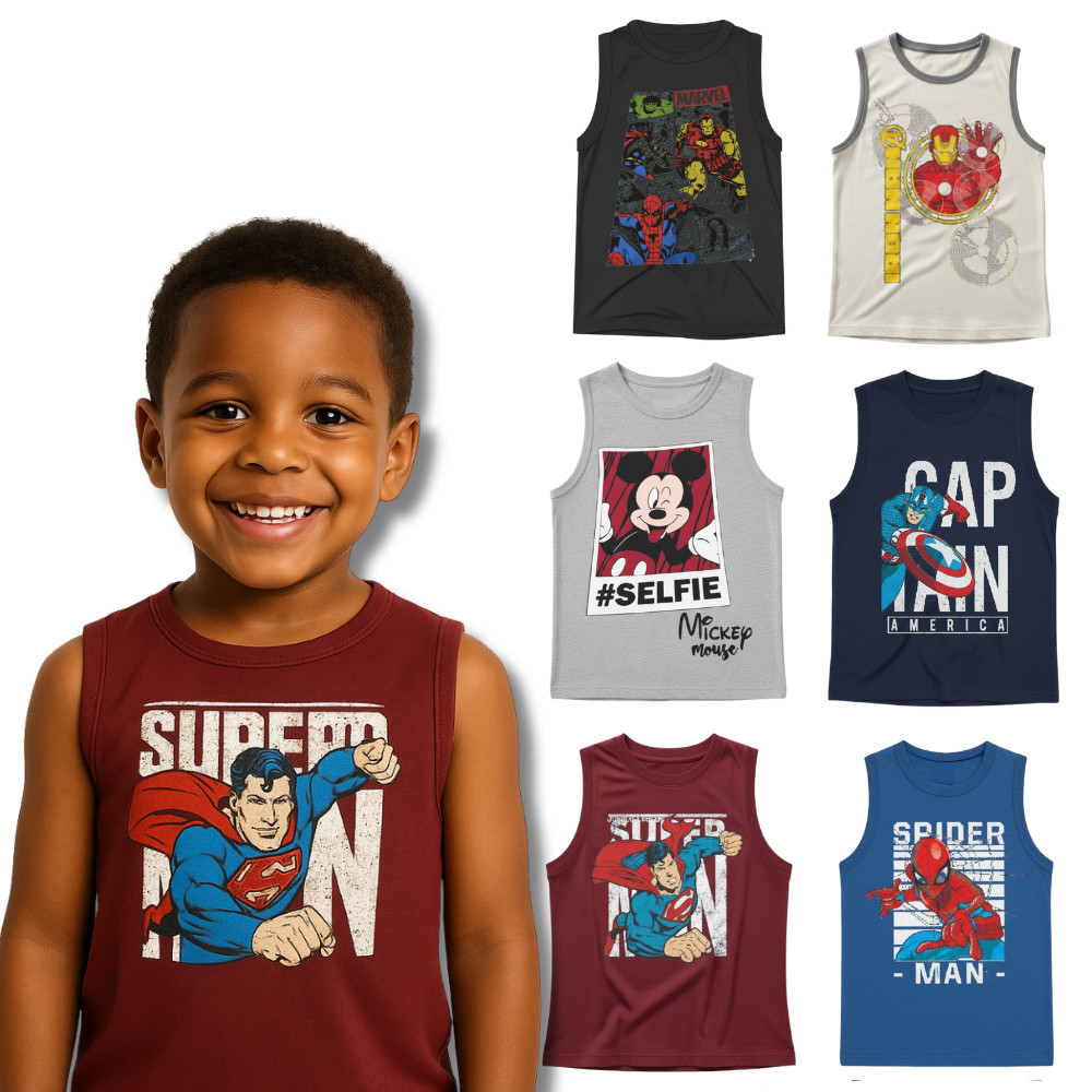 Kit Sortido 5 Regata Manga Curta Estampada Masculina/Menino Infantil 3 ou 5 Blusas