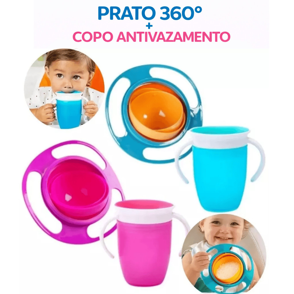 Kit Prato + Copo Antivazamento Infantil Não Cai Bebida Comida Prato Mágico Giratório 360° Transição Introdução Alimentar em Oferta na Shopee