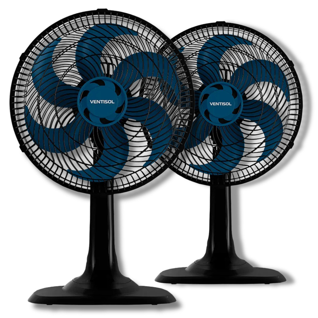 Kit 2 Ventiladores Mesa 30cm Ventisol Turbo 52W 127V 6 Pás Hélice Azul Premium 3 Velocidades Oscilante