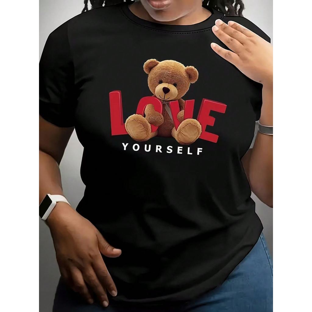 Camiseta Algodão Feminina Básica Premium Love Urso Presente Casual Moda Primavera Confortável