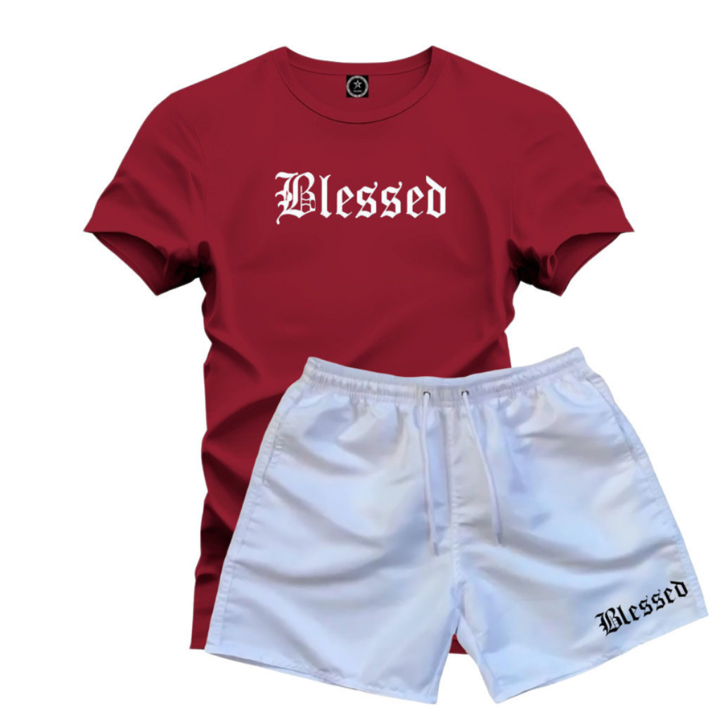 Conjunto Masculino Blessed Camiseta Algodão + Bermuda Tactel Branca Estilo Streetwear