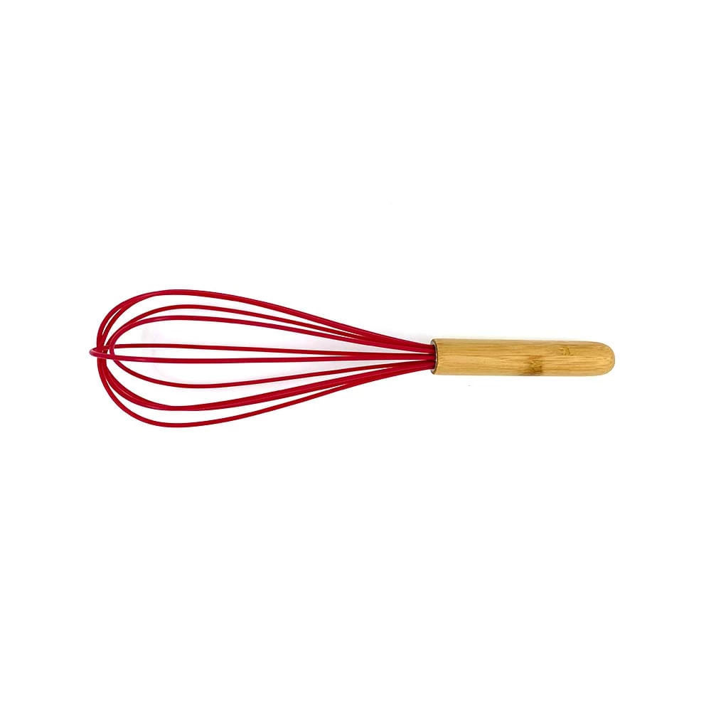 Batedor Manual de Massas ou Ovos Le Bamboo em Silicone Vermelho com Cabo de Madeira em Oferta na Shopee
