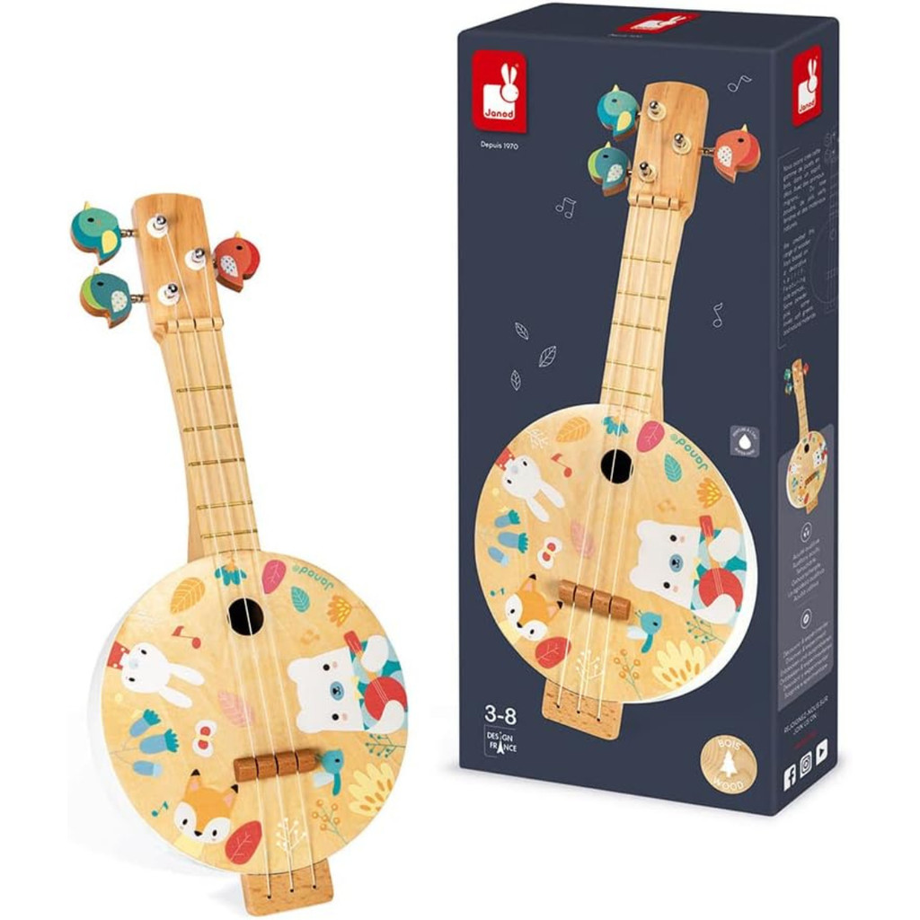 Banjo Infantil de Madeira com Tema Animais da Floresta Instrumento Musical Educativo