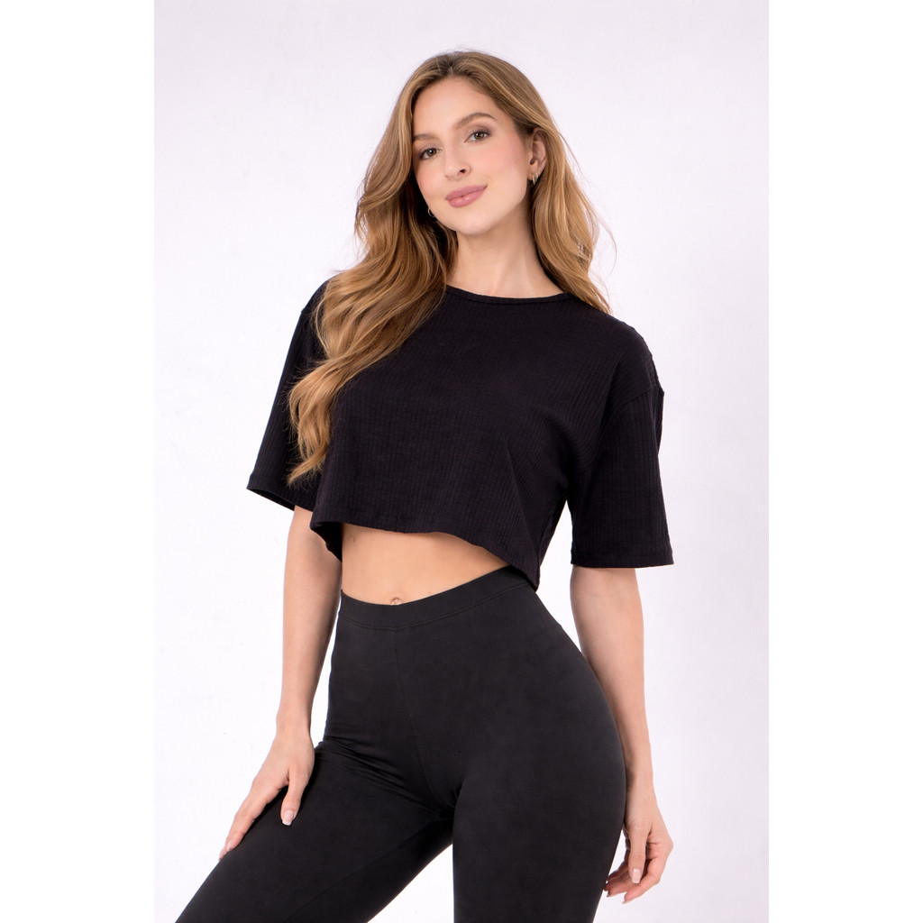 Blusa Larga Academia Feminina Manga Curta Confortável Canelada