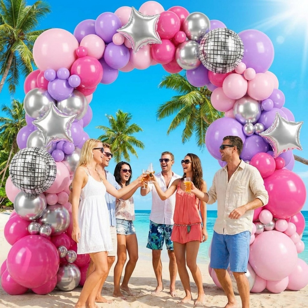 Kit 123 Bexigas Arco Desconstruído Disco Pop Rosa e Roxo Festa Menina M1090 em Oferta na Shopee