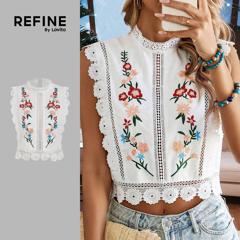 (Lovito Refine)  Padrão de Renda Top Boho com Zíper para Primavera/verão para Mulheres LR32L024 em Oferta na Shopee