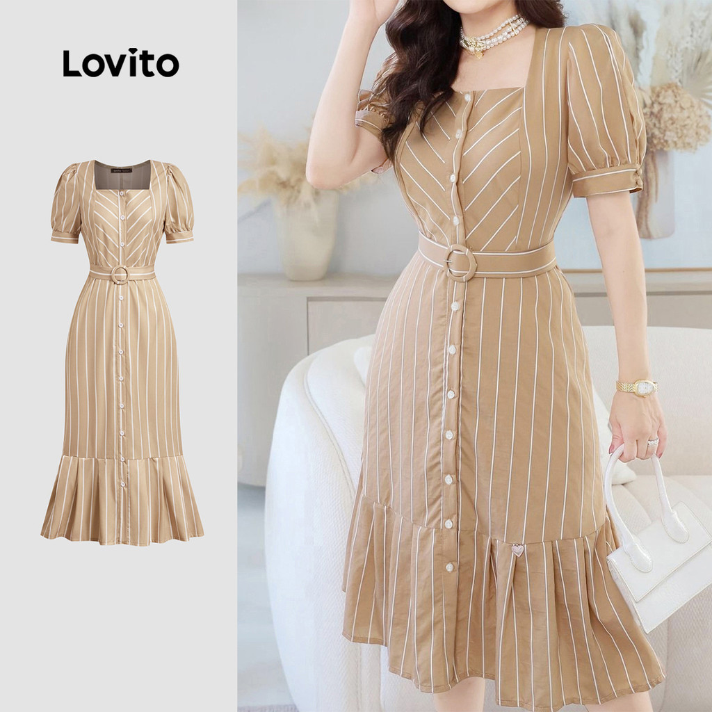Lovito Vestido Casual Geométrico de Primavera/verão Kaqui para mulheres L154ED175 em Oferta na Shopee