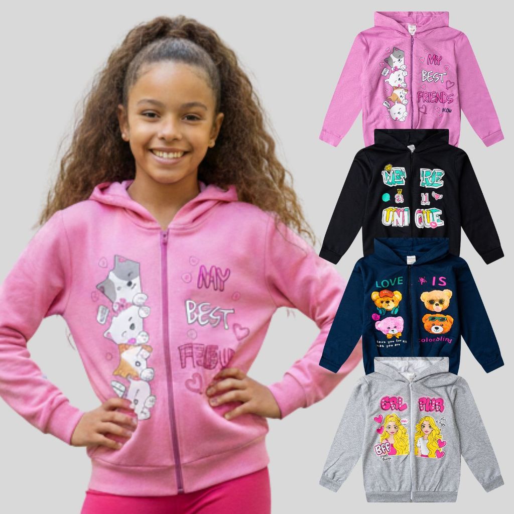 Moletom Infantil Menina com Capuz Zíper Casaco Estampado Jaqueta Juvenil Inverno Quentinho