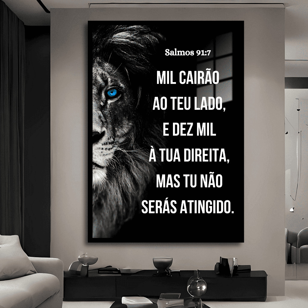 Quadro Decorativo Leão Preto e Branco Grande Salmos 91:7 Fé Religioso Sala