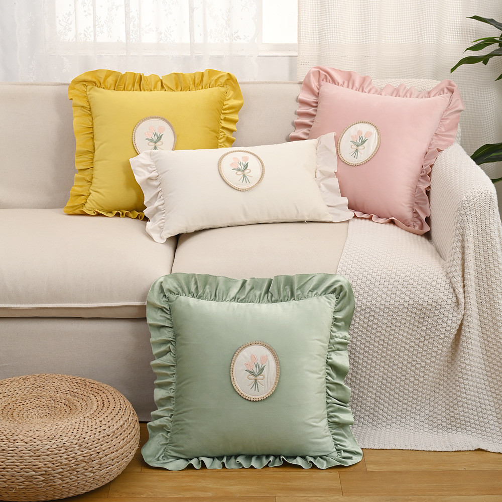 Fronha De Franja De Folha De Lótus Com Buquê De Tulipa vintage Nórdico