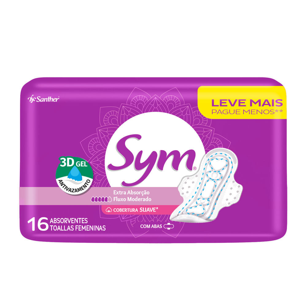 Absorvente Sym Cobertura Suave 3D Gel com Abas 16 Unidades Leve Mais Por Menos em Oferta na Shopee