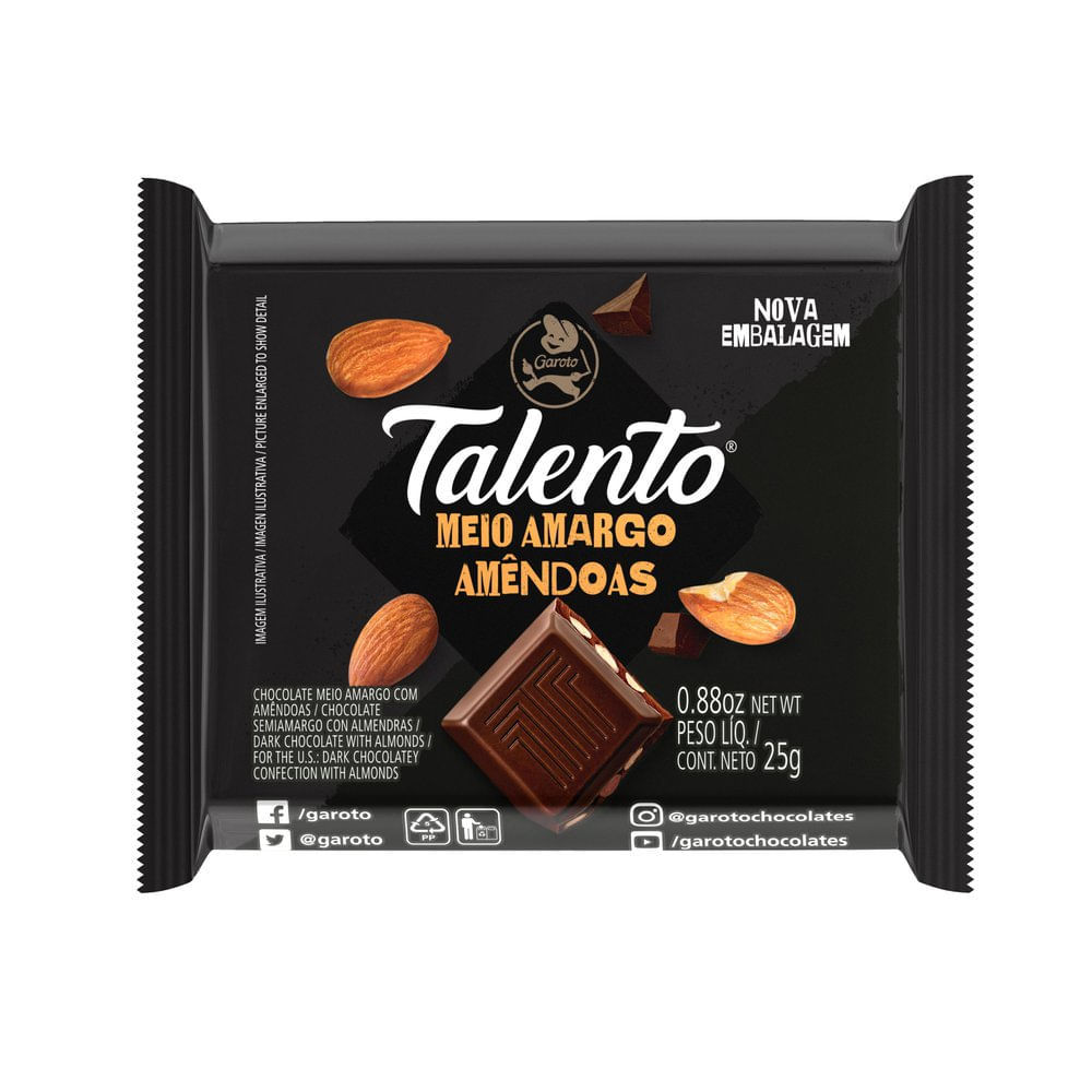 Chocolate Garoto Talento Meio Amargo Amêndoas com 25g em Oferta na Shopee