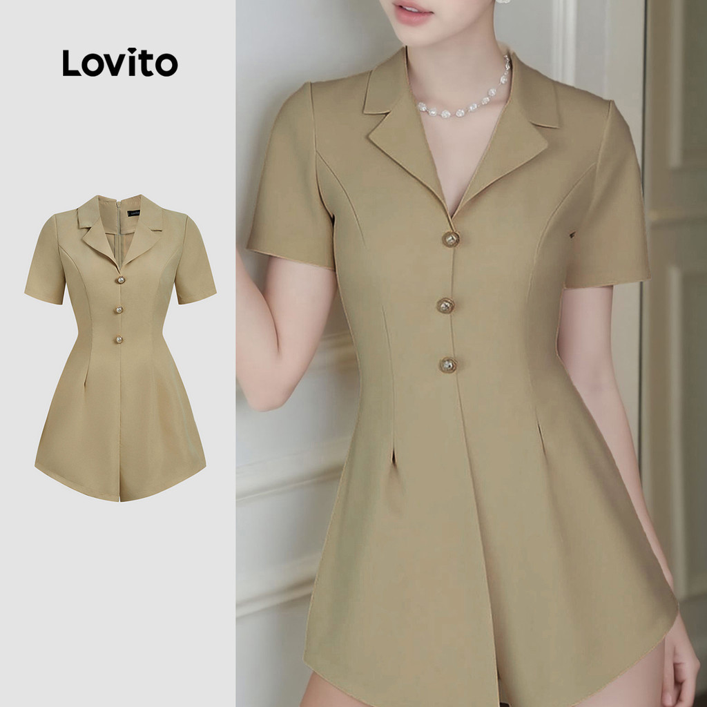 Lovito Macacão Elegante com Botões Linha de Estrutura Primavera/verão Macacão Cáqui para mulheres L165ED504