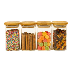 Kit 4 Potes de Vidro Tampa Bambu Quadrado Flat 250ml Oikos