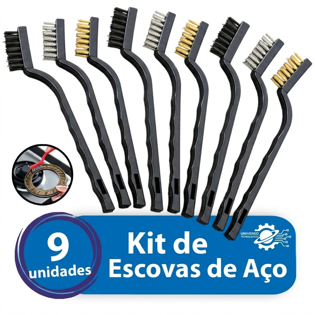Escovas de Aço Multiuso Kit 3 Pcs Aço Latão Nylon Cabo Plástico