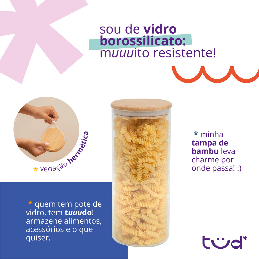 Kit 4 Potes de Vidro 1650ml com Tampa de Bambu Hermética — foto 4