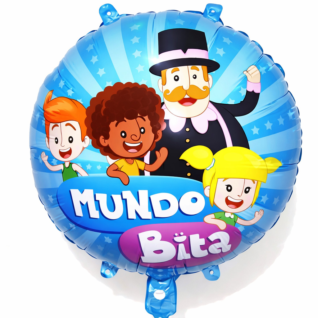 Kit 5  Balão Metalizado Mundo Bita AZUL 45cm Redondo Grande Decoração Festa Flutua com Gás Hélio
