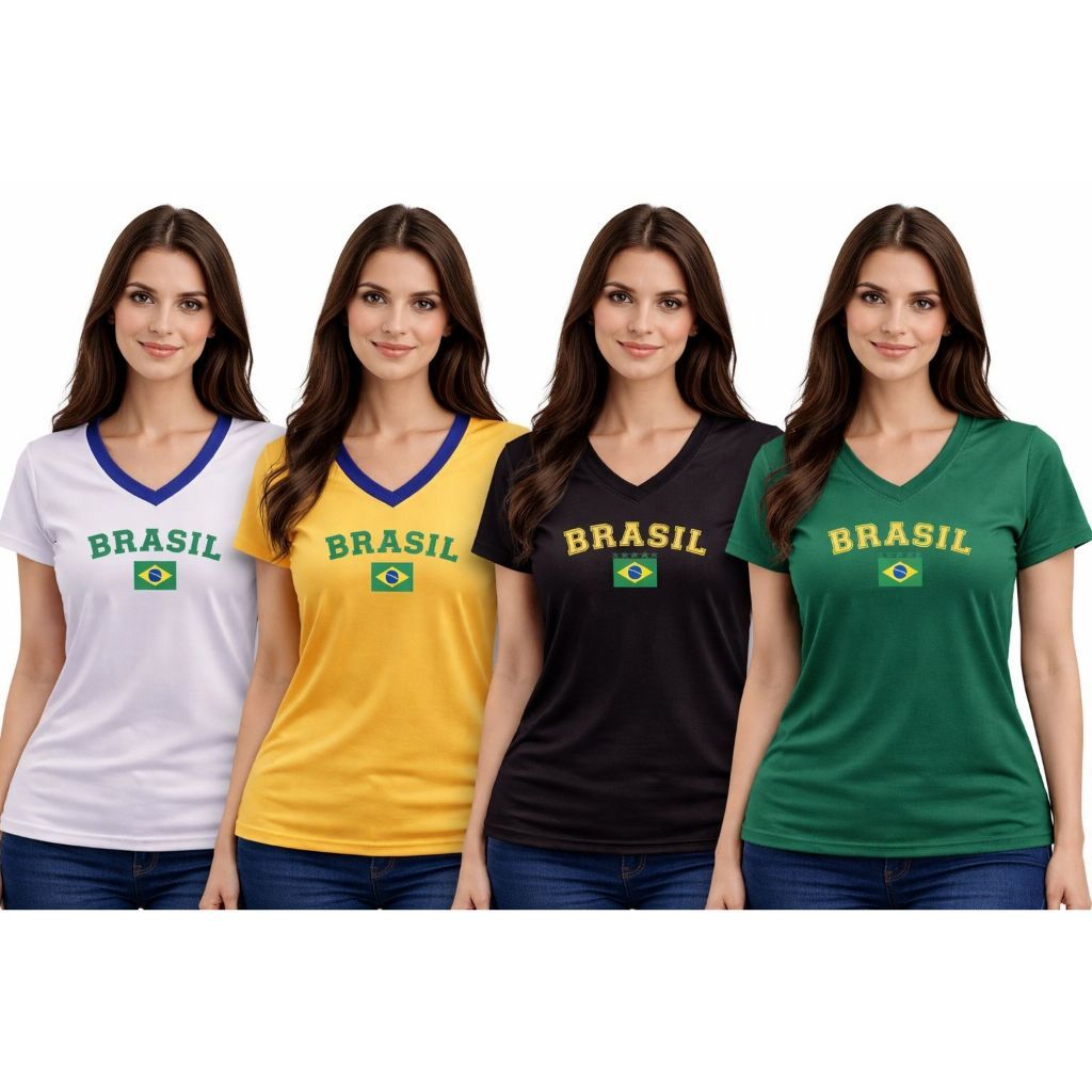 KIT 4 Unidades Baby Look Copa 2026 Brasil Cores Tendencia 2026 Preço de Atacado Camiseta Do Brasil Feminna