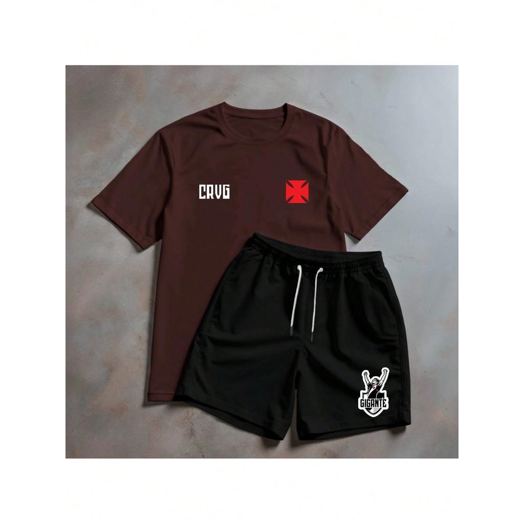 Conjunto Vasco da Gama Kit 2 Peças Camiseta 100% Algodão + Short Tactel Elastano Casual Verão Unissex Promoção