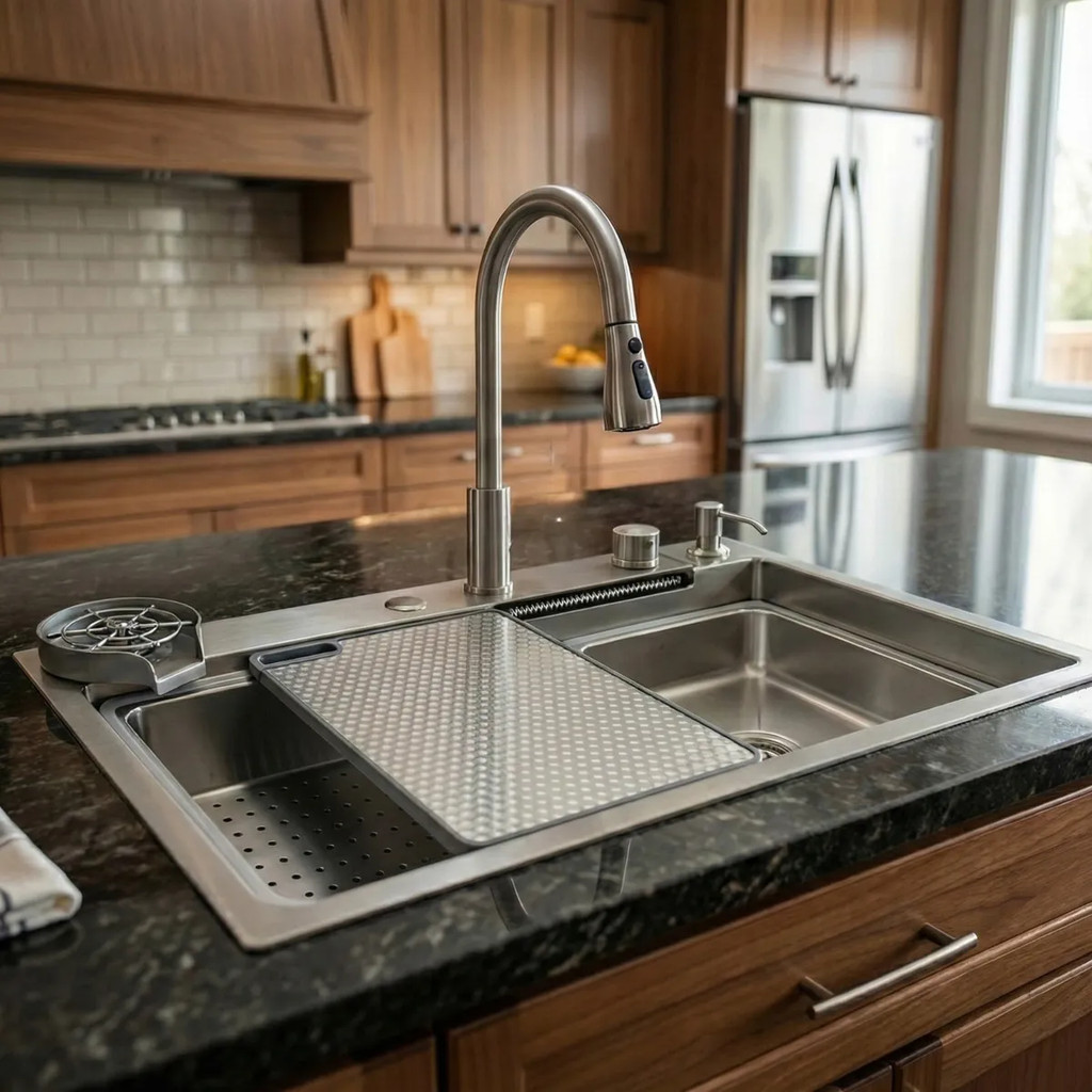 Kit Cuba de Cozinha Gourmet Completa Aço Inox | Torneira Cascata + Acessórios 75/68×45×22cm