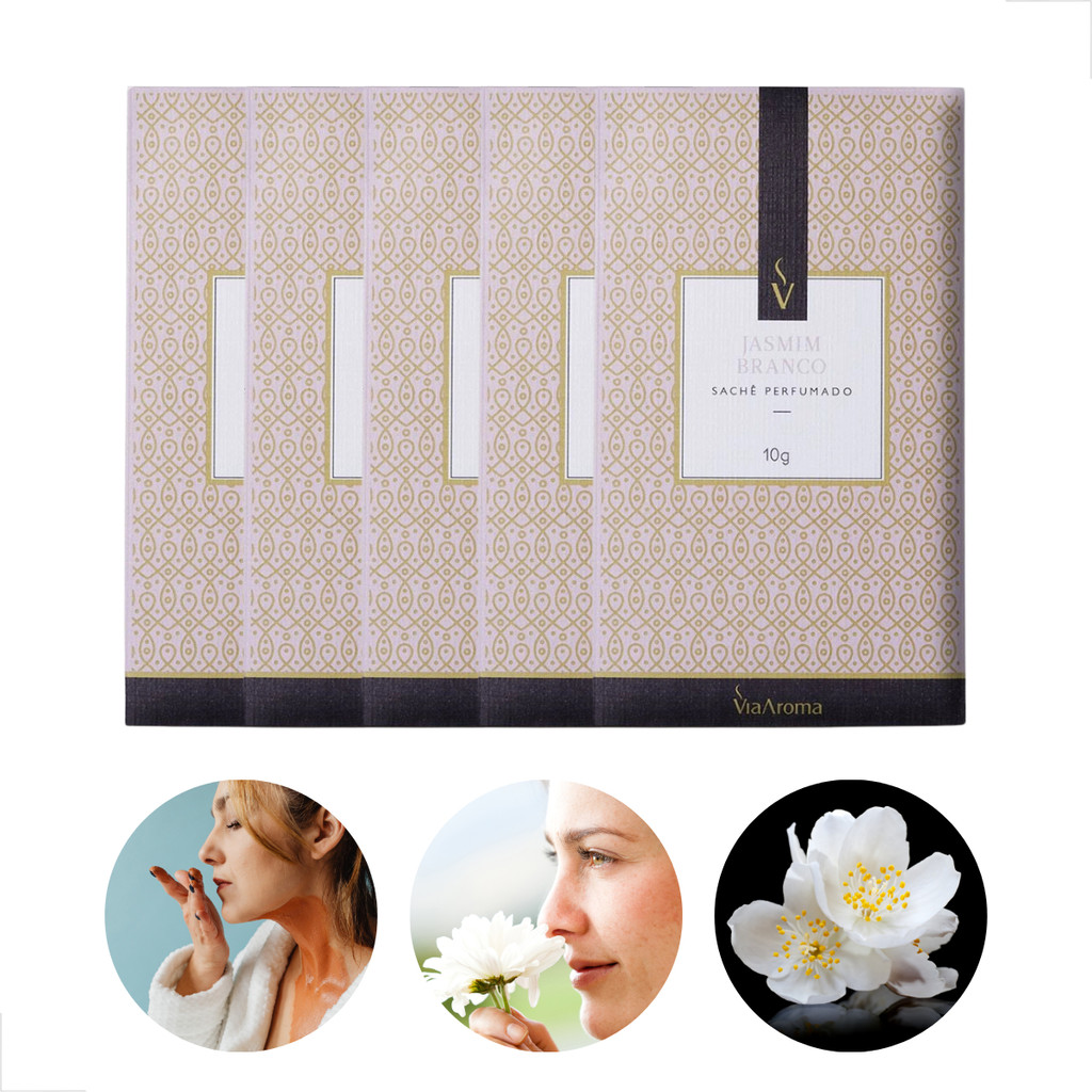 Kit 5 Sachê Perfumado Jasmim Branco Via Aroma 10gr Gaveta
