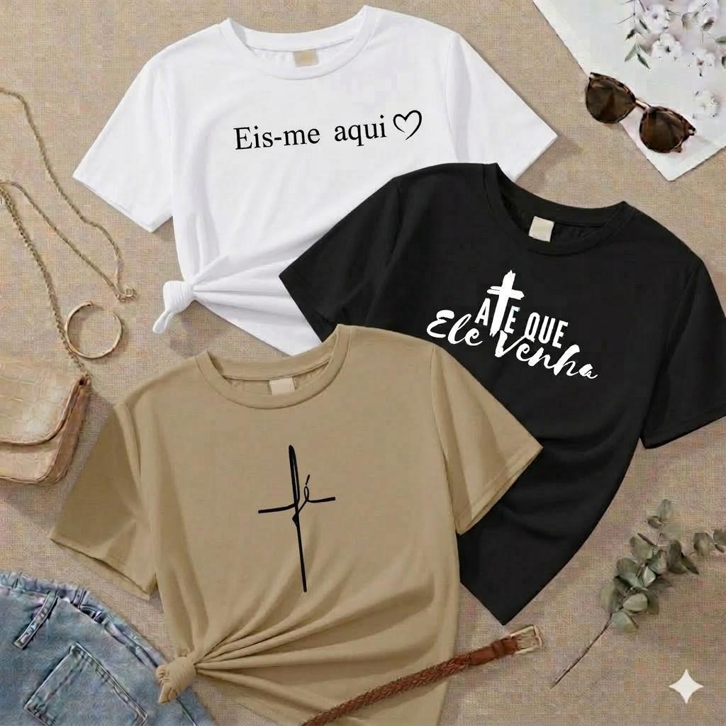Kit 3 Camiseta Feminina Estilosa Cristã Fé T-shirt Camisa Estampada Blusa 100% Algodão