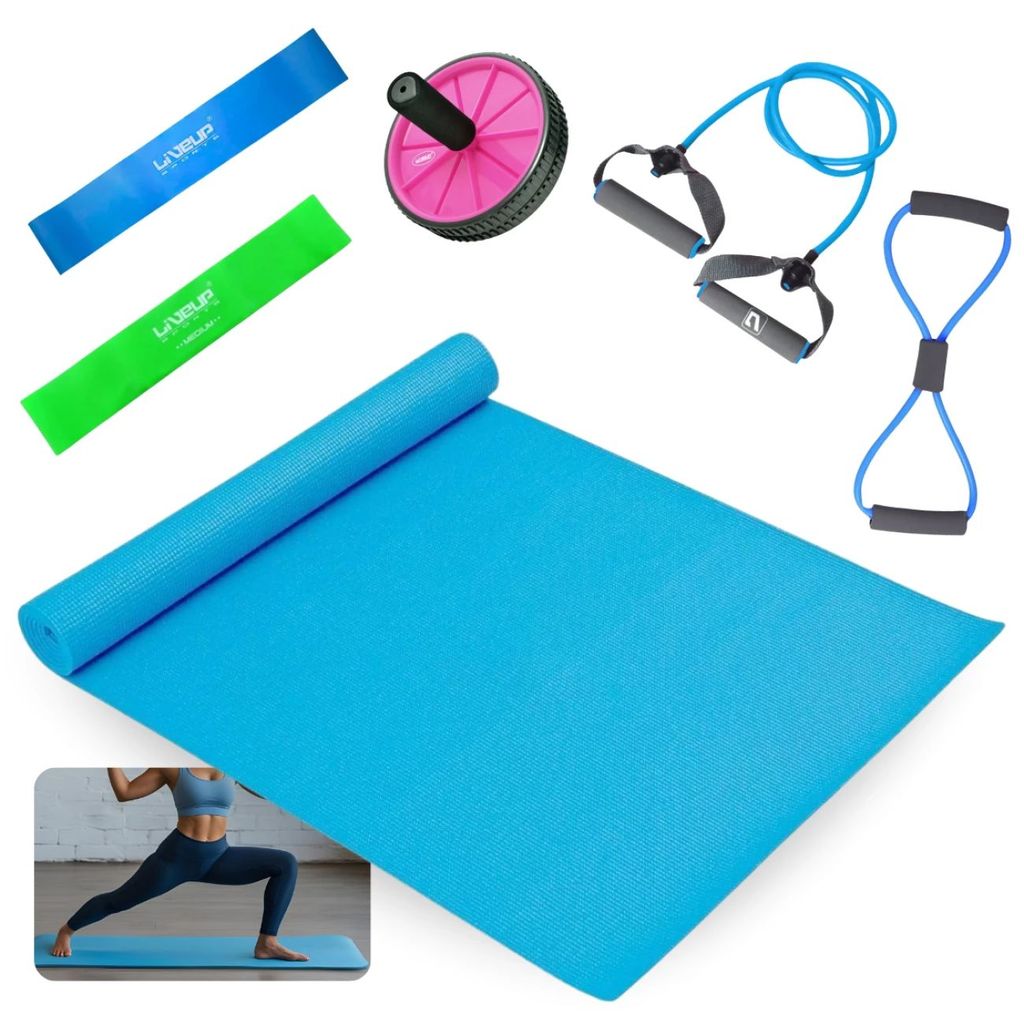 Kit Colchonete + Extensores Forte + Mini Band Media e Forte + Roda Abdominal