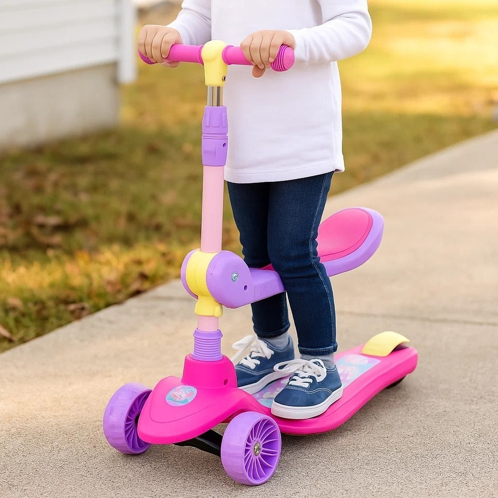 Patinete Infantil 2 em 1 Rosa Assento Ajustável Scooter Criança Estável Achadinhos