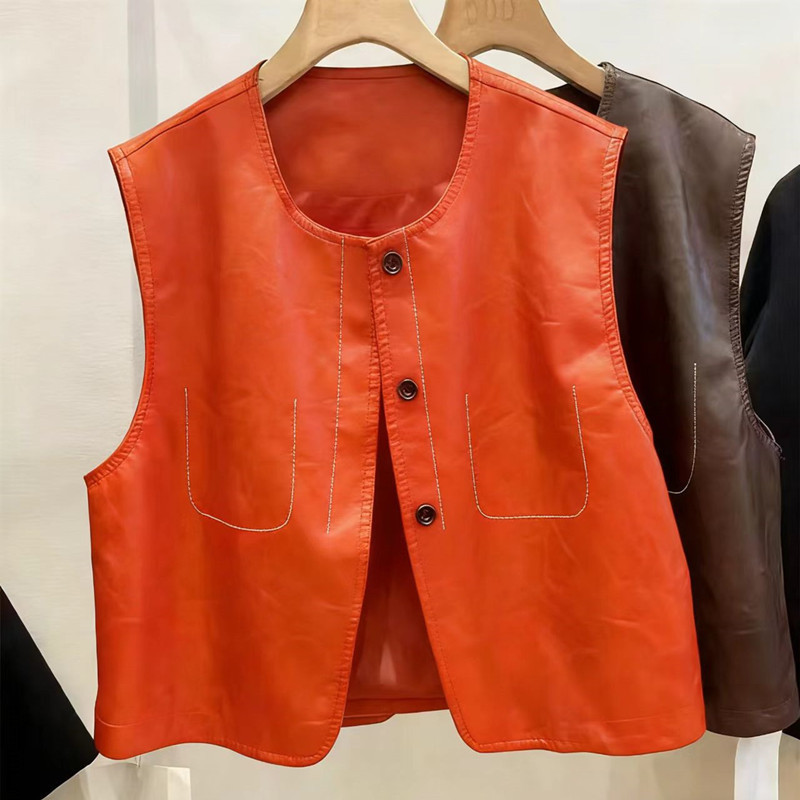 Novo colete de couro feminino em torno do pescoço único Breasted couro do plutônio Design colete jaqueta