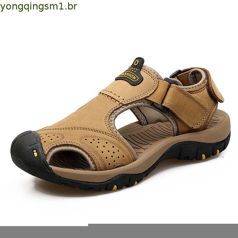 Sandálias Masculinas De Couro Genuíno Verão Praia Sapatos Esportivas