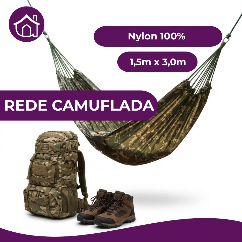 Kit 2 Redes de Dormir para Acampamento Trilha  Pescaria Camuflada Exército 3,0m x 1,5m