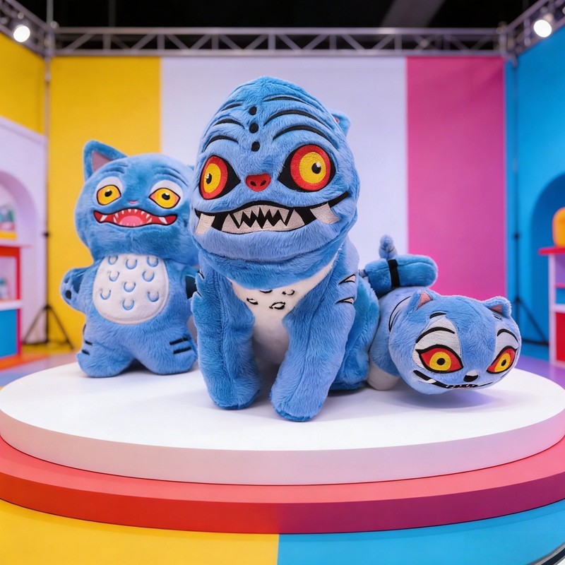 Brinquedo de Pelúcia de Gato Azul Assustador de Três Cabeças - Monstro Fofo e Assustador |     Presente de Decoração de 