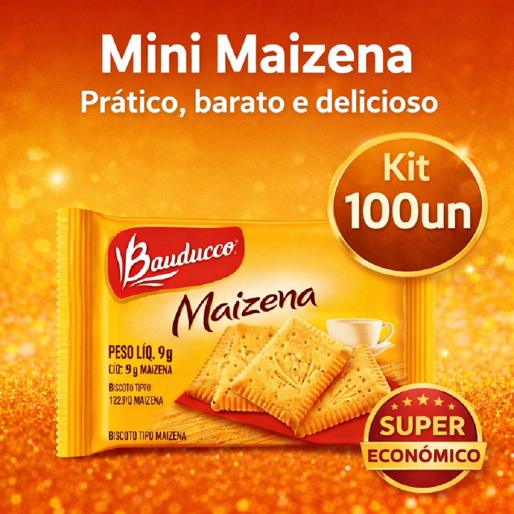 Kit 100 Mini Bolacha de Maizena Bauducco Sachê Biscoito 9g
