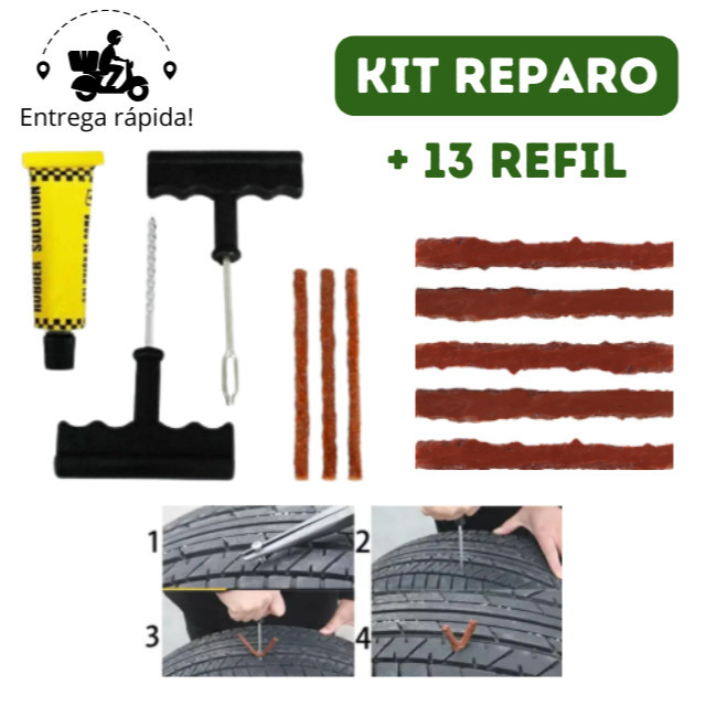 Kit Reparo Pneu sem Camara para Carro e Moto + 13 Refil Selante Macarrão Remendo CP
