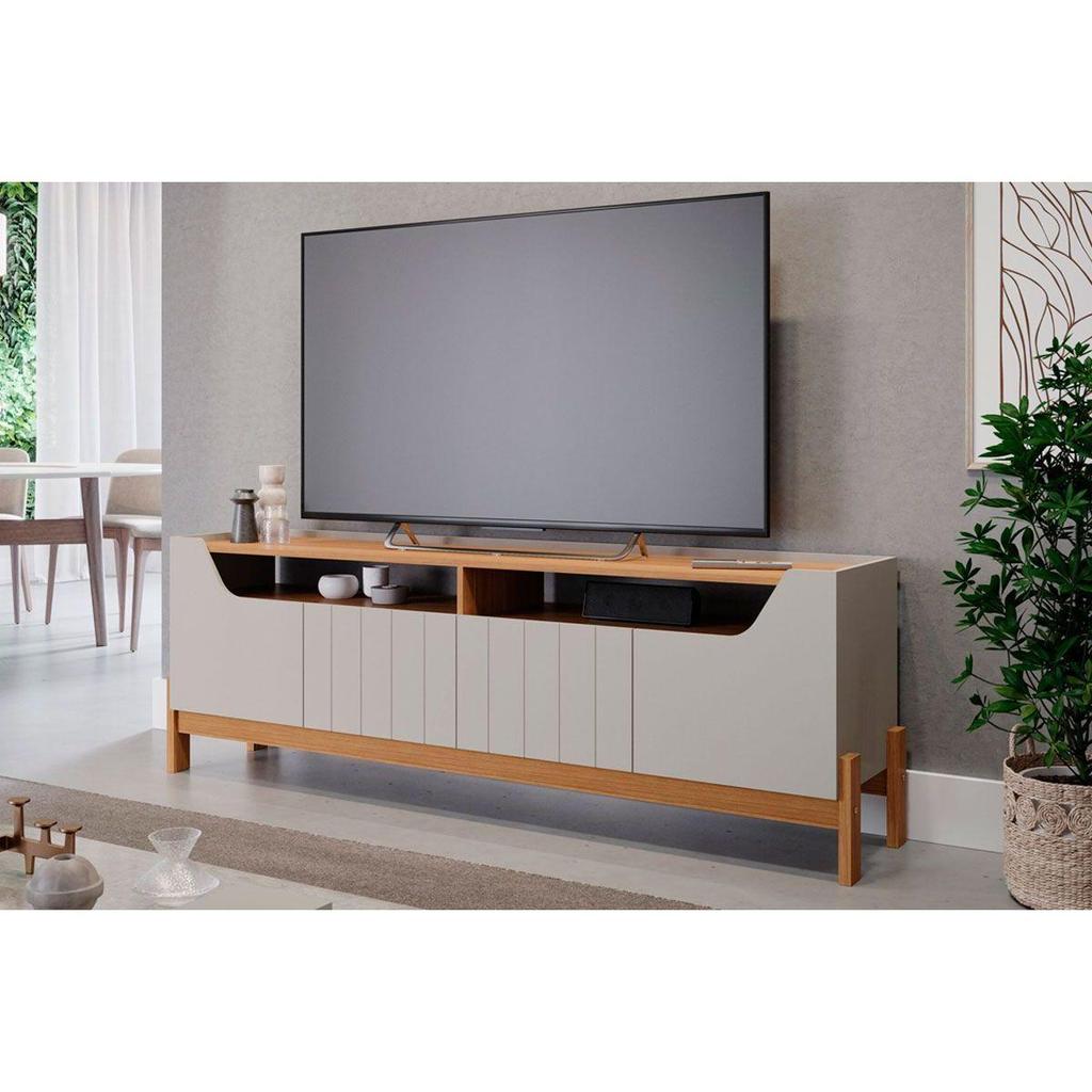 Rack Bancada p/ TV até 70 pol Moema Ripado c/ 4 Portas 185cm Off White/Cinamomo - Permóbili