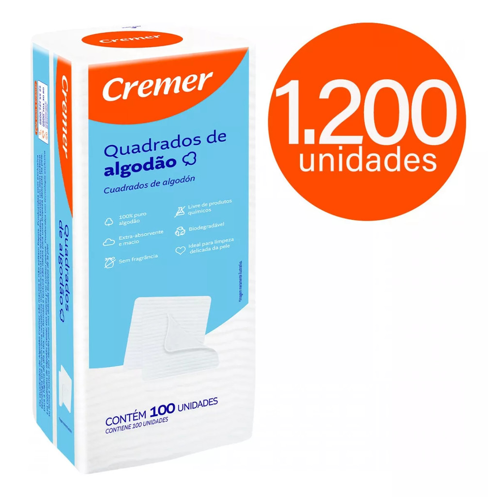 Algodão Quadrado Sem Perfume Cremer 100 UN KIT C/ 12 PACOTES