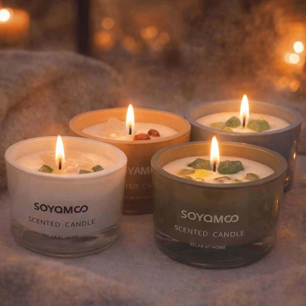 Imagem Kit Velas Aromáticas Decorativas de Vidro C/ Pedras Decoração Espaço Zen Massagem Banho Banheira Relaxante SPA