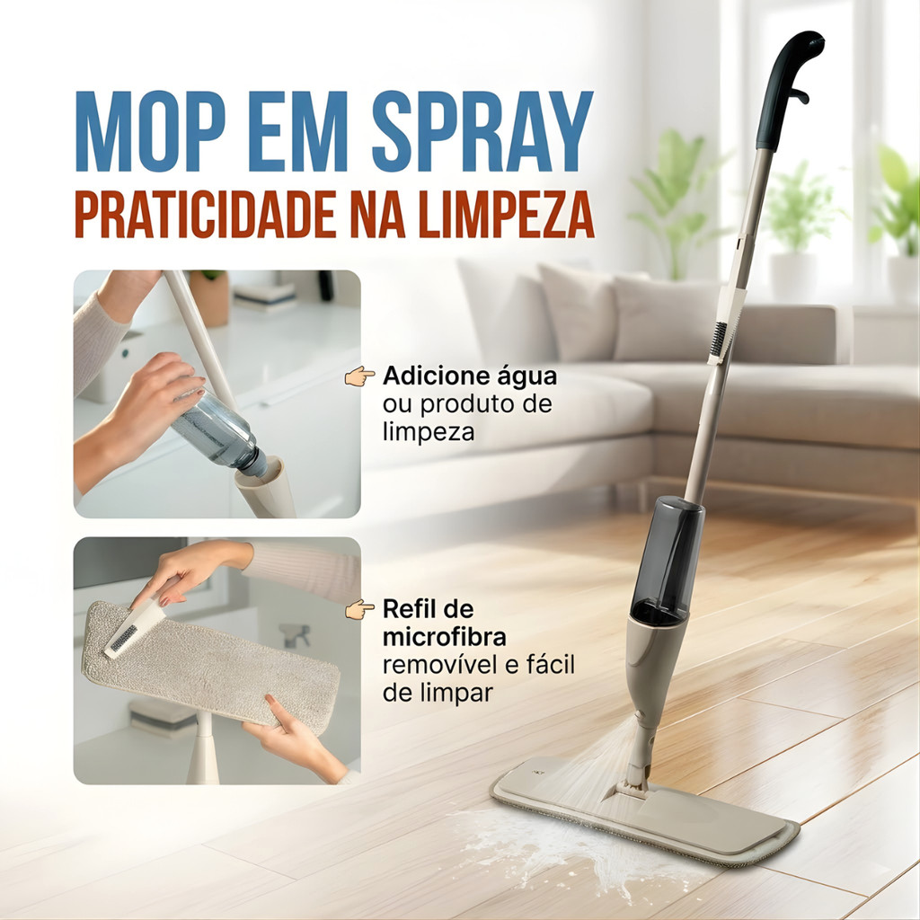 Mop Spray Multiuso Ajustável Bege Com escova para Limpeza Rodo Esfregão Flow Casa Borrifa Limpa Seca