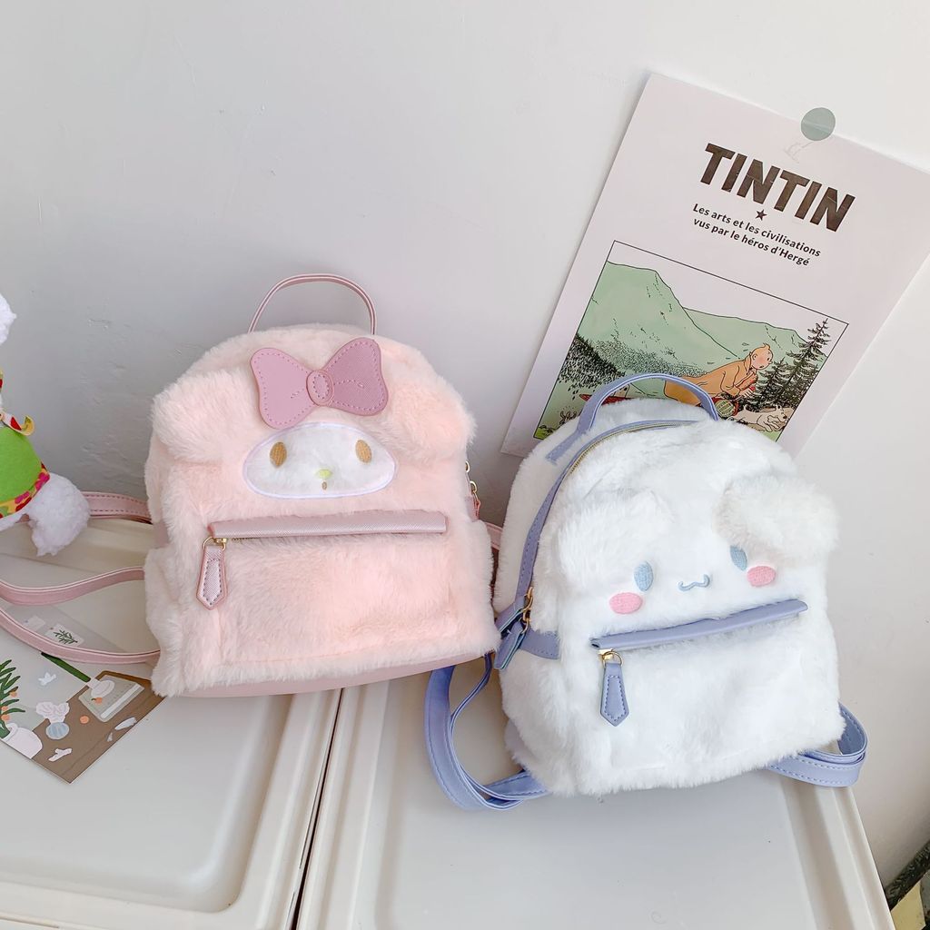 Japanese-style cartoon plush backpack with a cute big-eared dog and pink rabbit design, Lolita school bag, soft girl bac