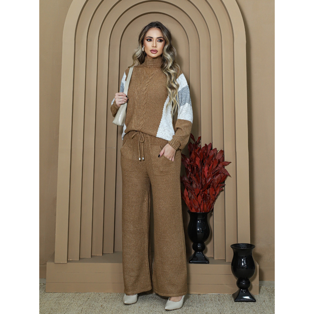 Conjunto Feminino Estilosa Mousse Premium Calça Flare Listras Roupa Feminina Blusa  Longa ...