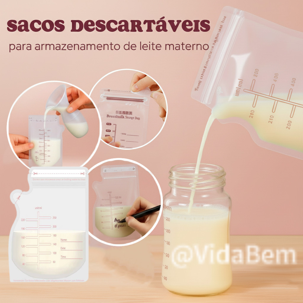 Kit 30 Sacos Coletor de Leite Materno 250ml Descartável com Escala de Medição Congelador