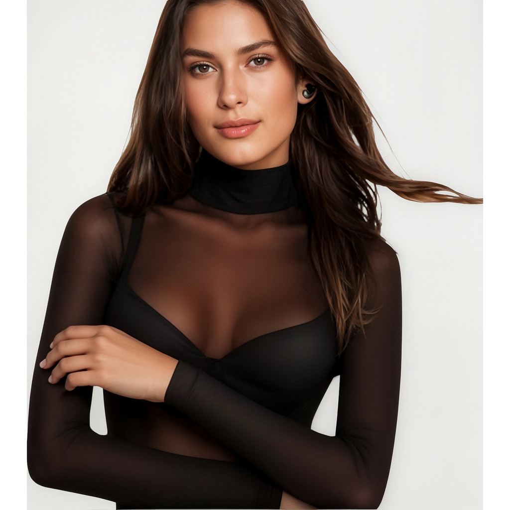 Body Feminino Tule Transparente Gola Alta Manga Longa Fashion em Oferta na Shopee