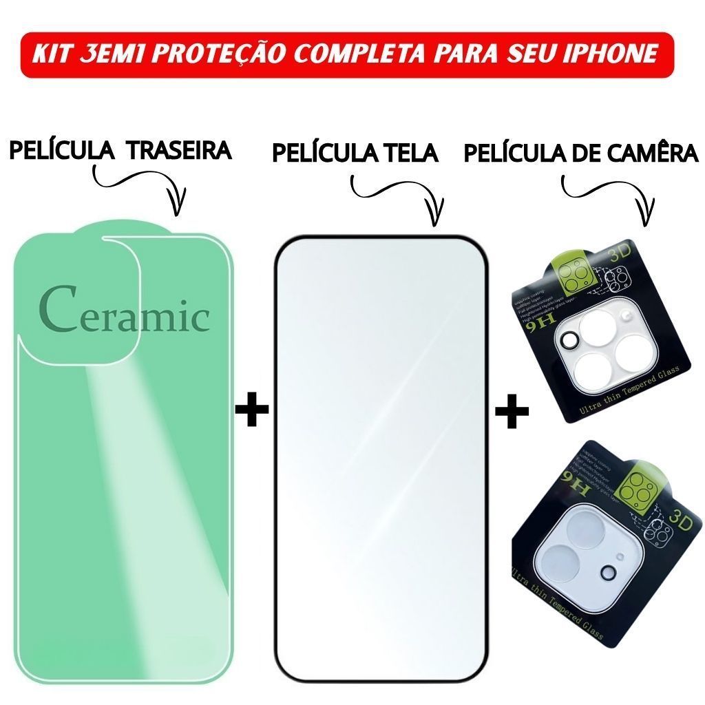 Kit Película Traseira + Protetor Transparente + Vidro 3D iPhone 11 12 13 14 15 16 Pro Max - Vibe